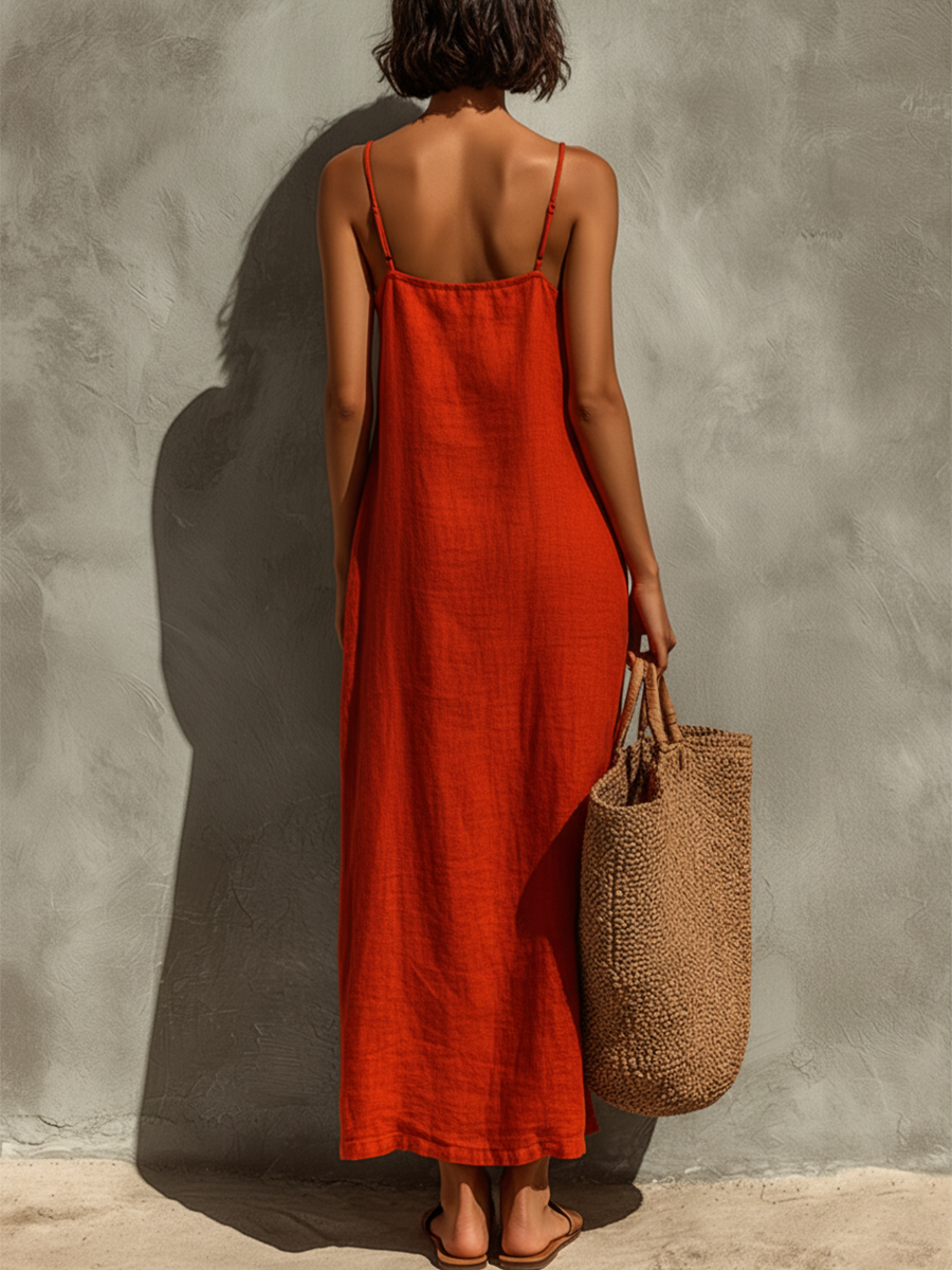 Modern Red Cotton Square Neck Spaghetti Strap Dress