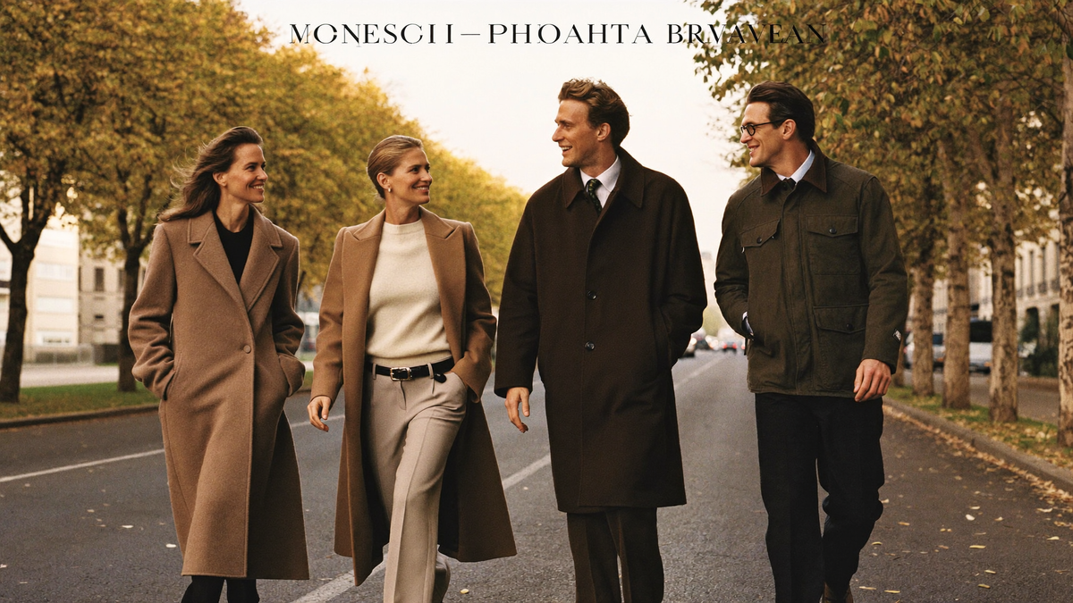 Four people walking along a tree-lined autumn avenue in coats and knitwear