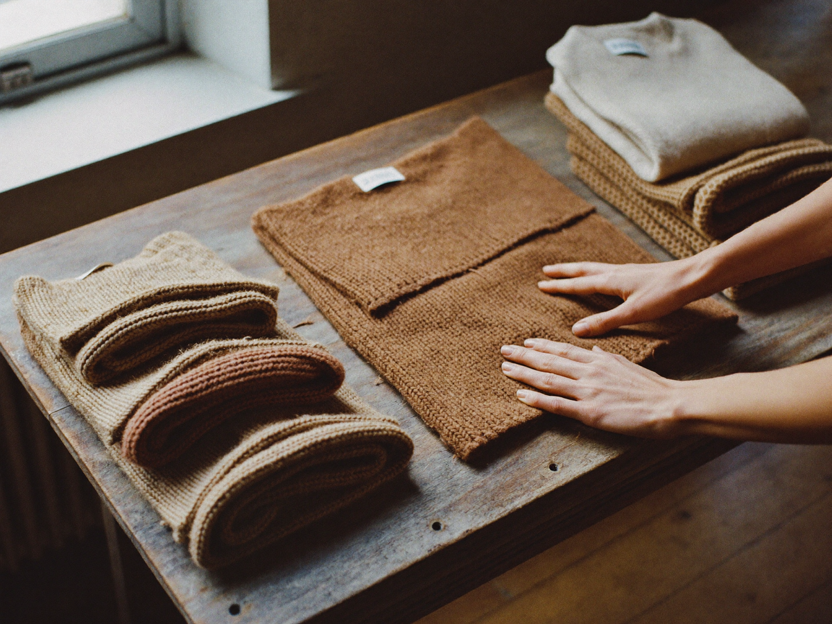 Folded stacks of knitwear and wool fabric on a wooden table by a window
