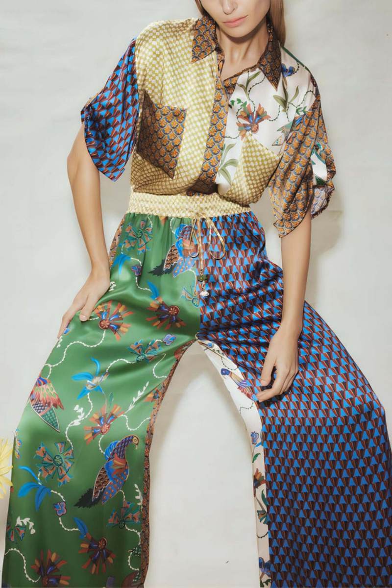 Special Folk Print Loose Wide-Leg Trousers-Set