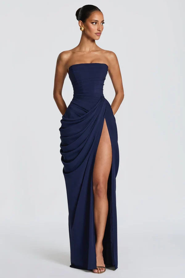 Corset Style Draped Navy Maxi-Length Dress