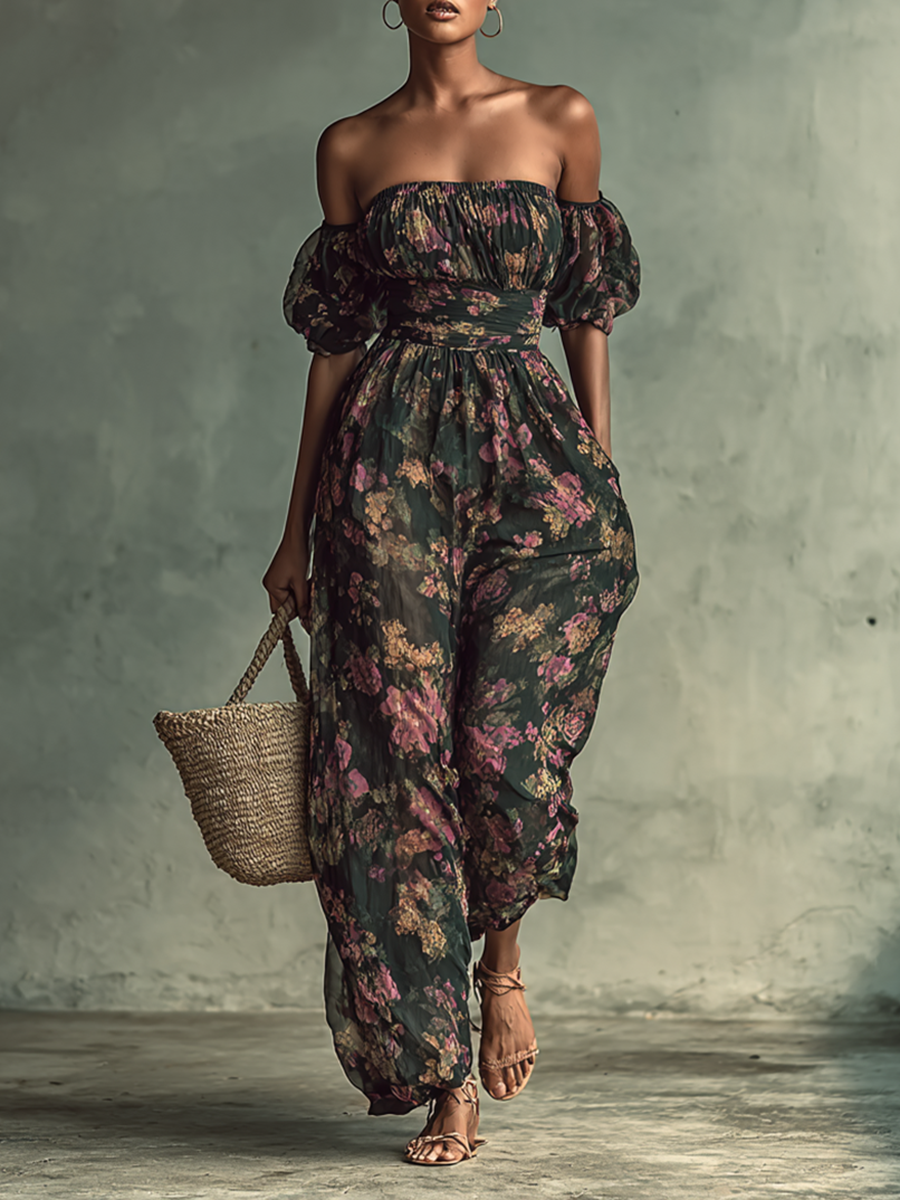 Women's Chiffon Flower Print Bandeau Short Sleeve Waist Jumpsuit