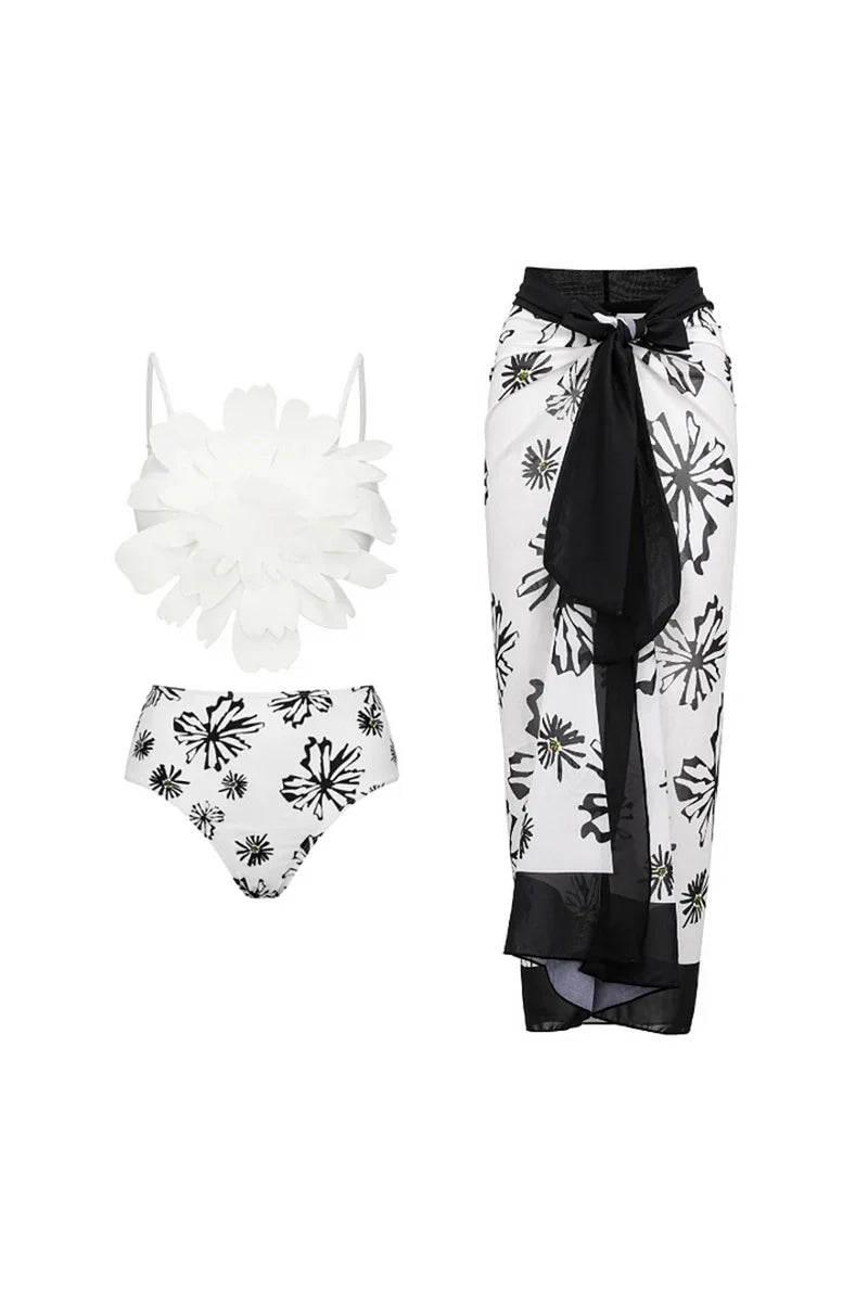Flower Trim White Patterned Two-Piece Bikini