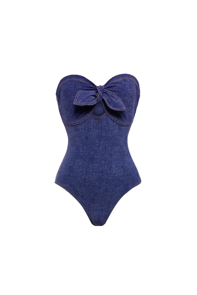 Denim Bandeau One Piece Swimwear Set