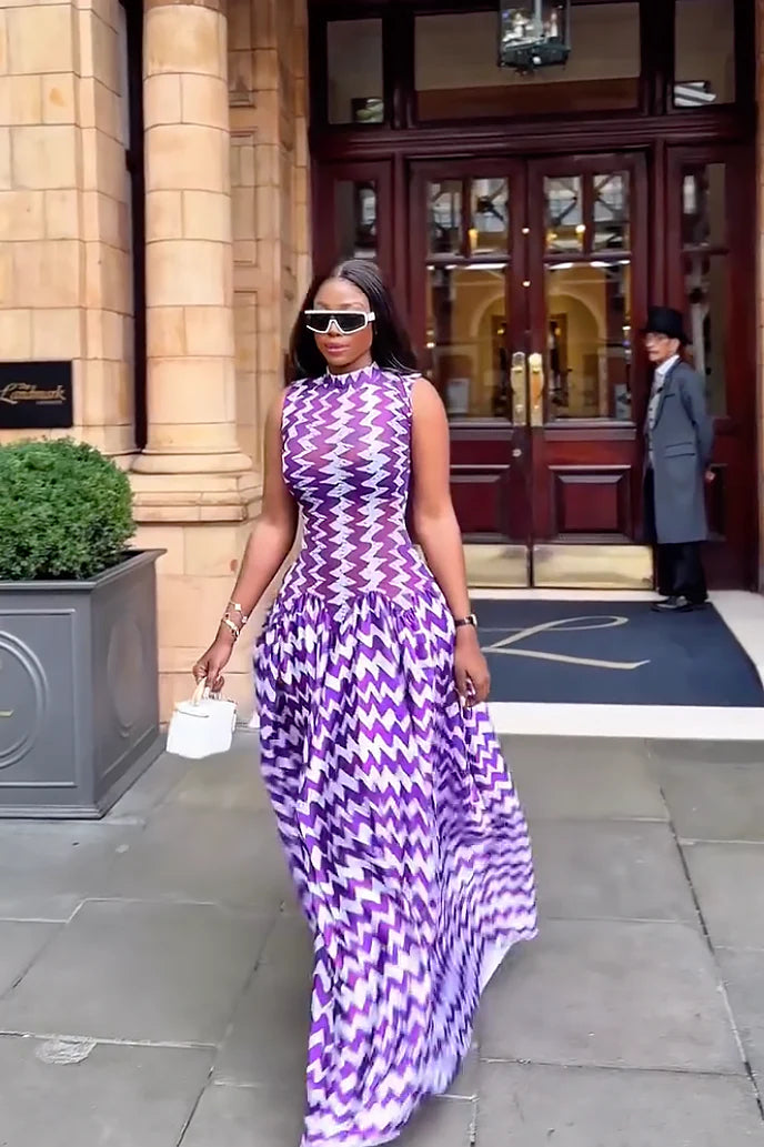 Purple Zigzag Print Maxi-Length Dress