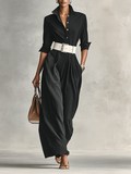 Modern Women's Lapel Single Breasted Long Sleeve Belted Jumpsuit