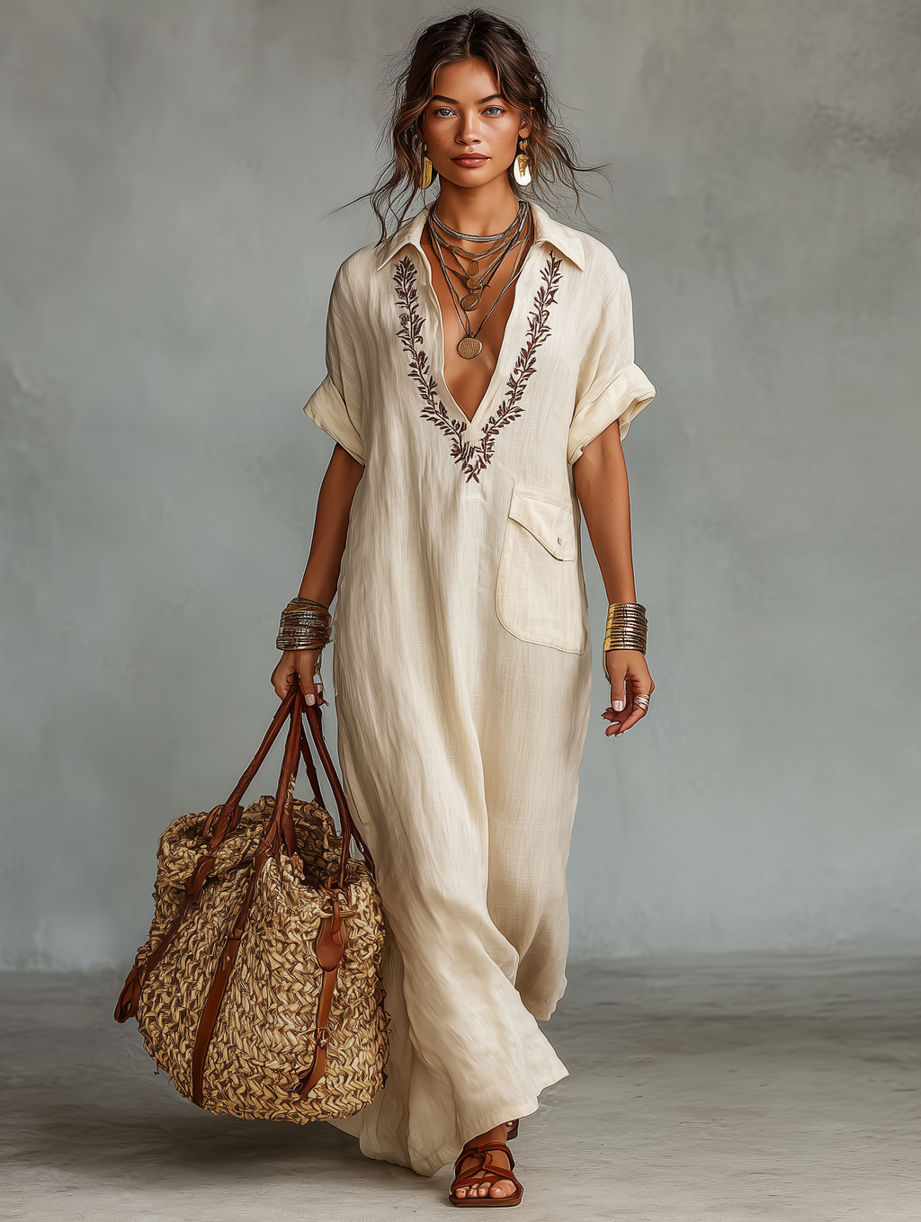Clean-Lined Linen Blend Embroidered Short-sleeved Shirt Maxi-Length Dress