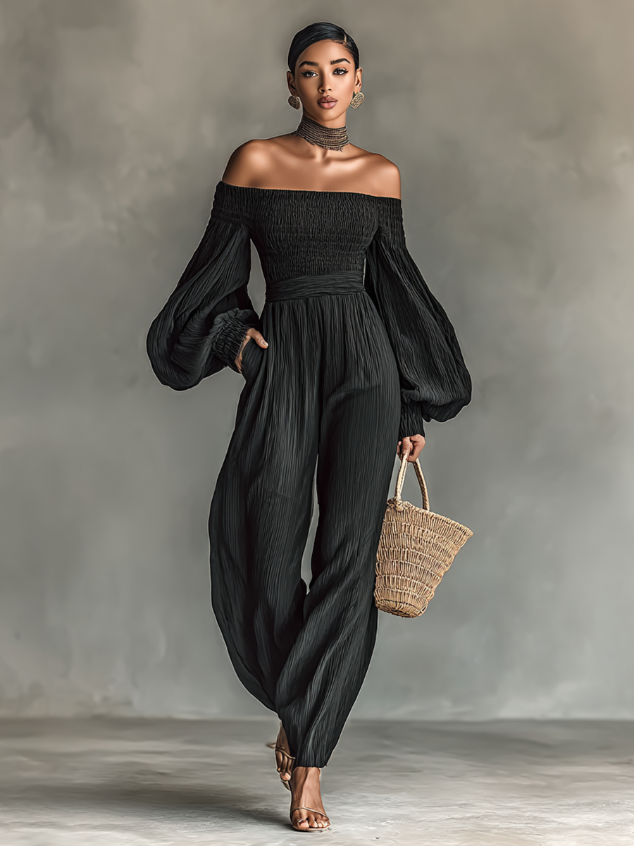 Modern Women's Off-the-shoulder Long-sleeved Pleated Fabric Jumpsuit