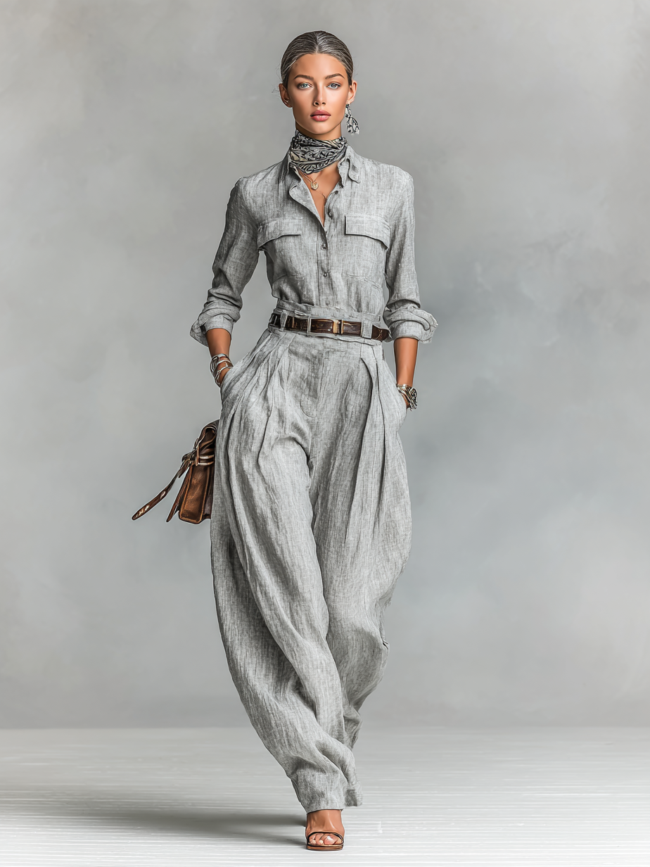 Coordinated Cotton-linen Blend Long-sleeved Shirt And Trousers Two-Piece Set (belt Not Included)