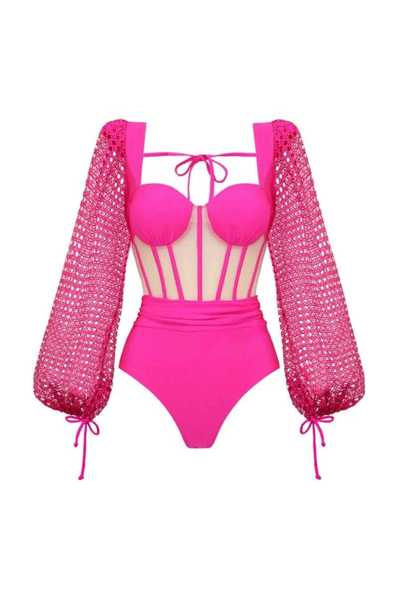 Fluorescent Pink Open-Back Swimwear Set