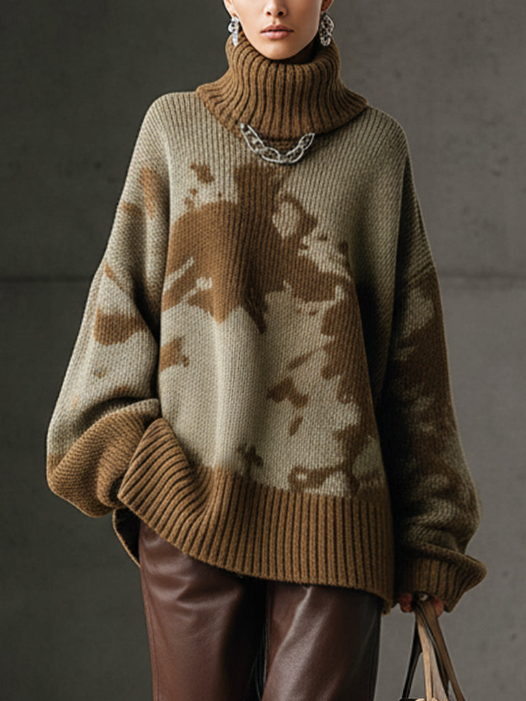Green Camouflage Loose Turtleneck Long Sleeve Knit Sweater