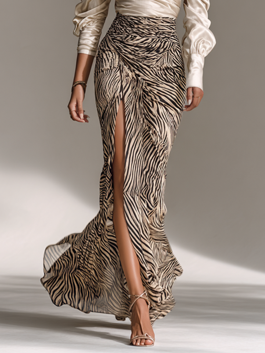 Coordinated Women's Satin Off-shoulder Long-sleeved Top With Zebra Print Hip-wrapped Slit Skirt Two-Piece Set