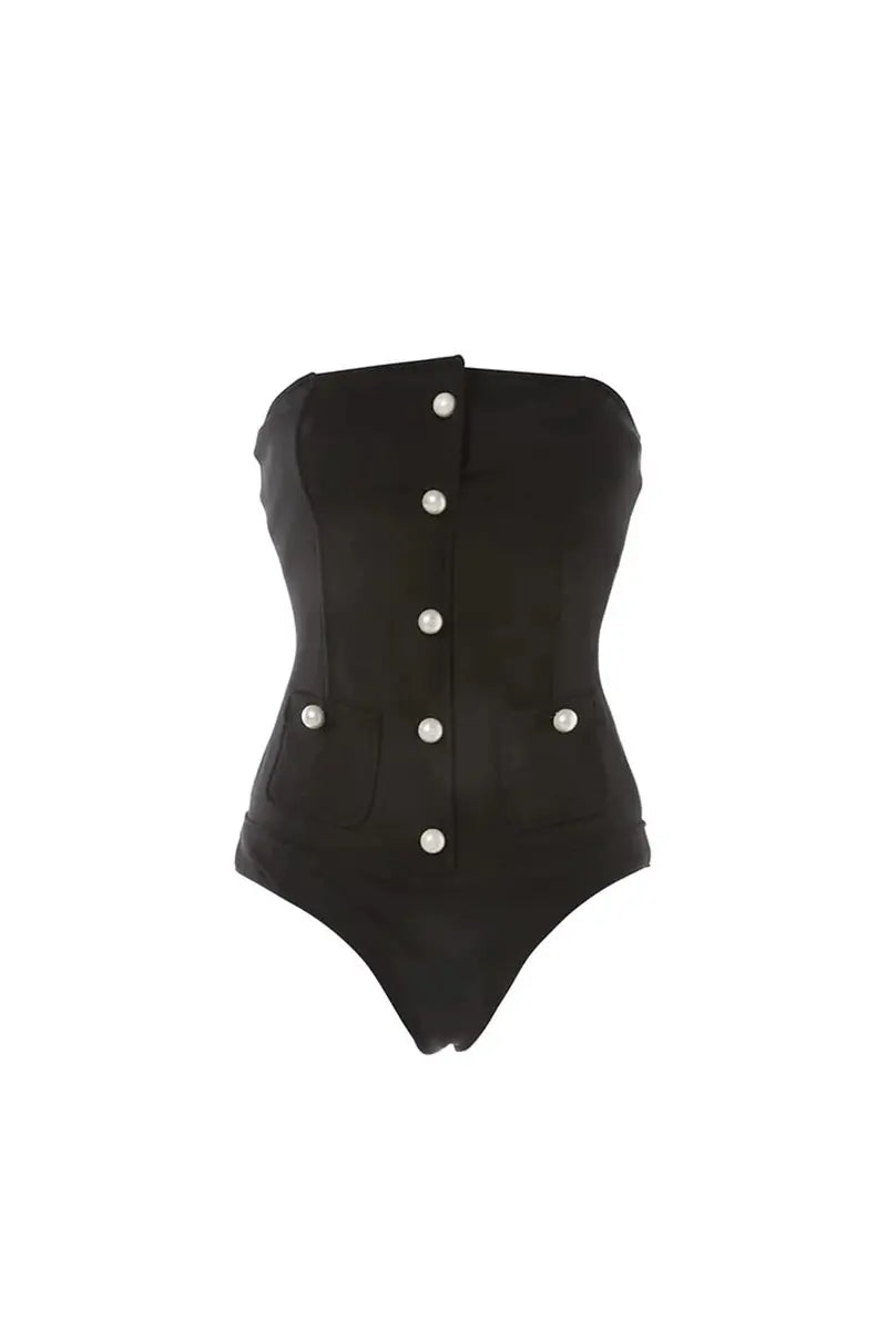 Stylish Pearl Button Strapless Swimsuit