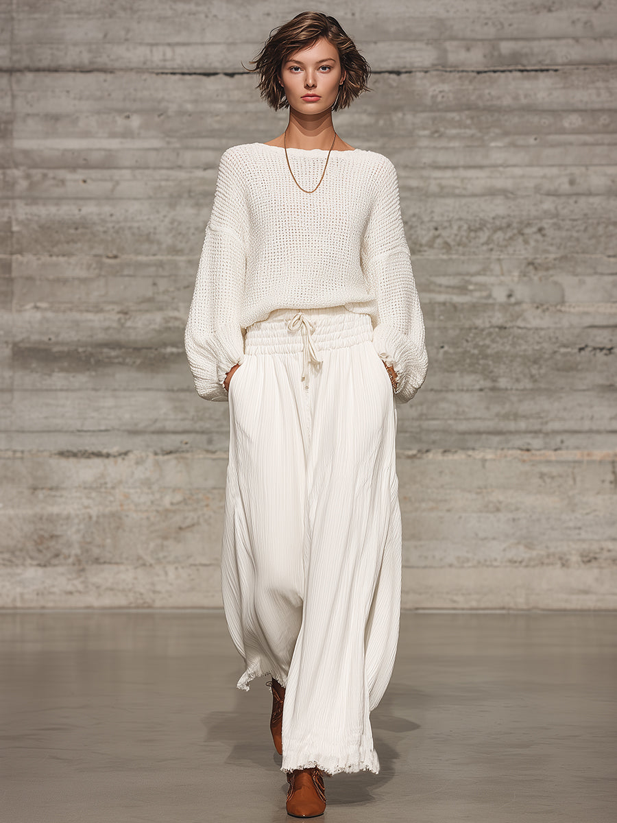 Retro Relaxed White Elastic Waist Wide-Leg Trousers