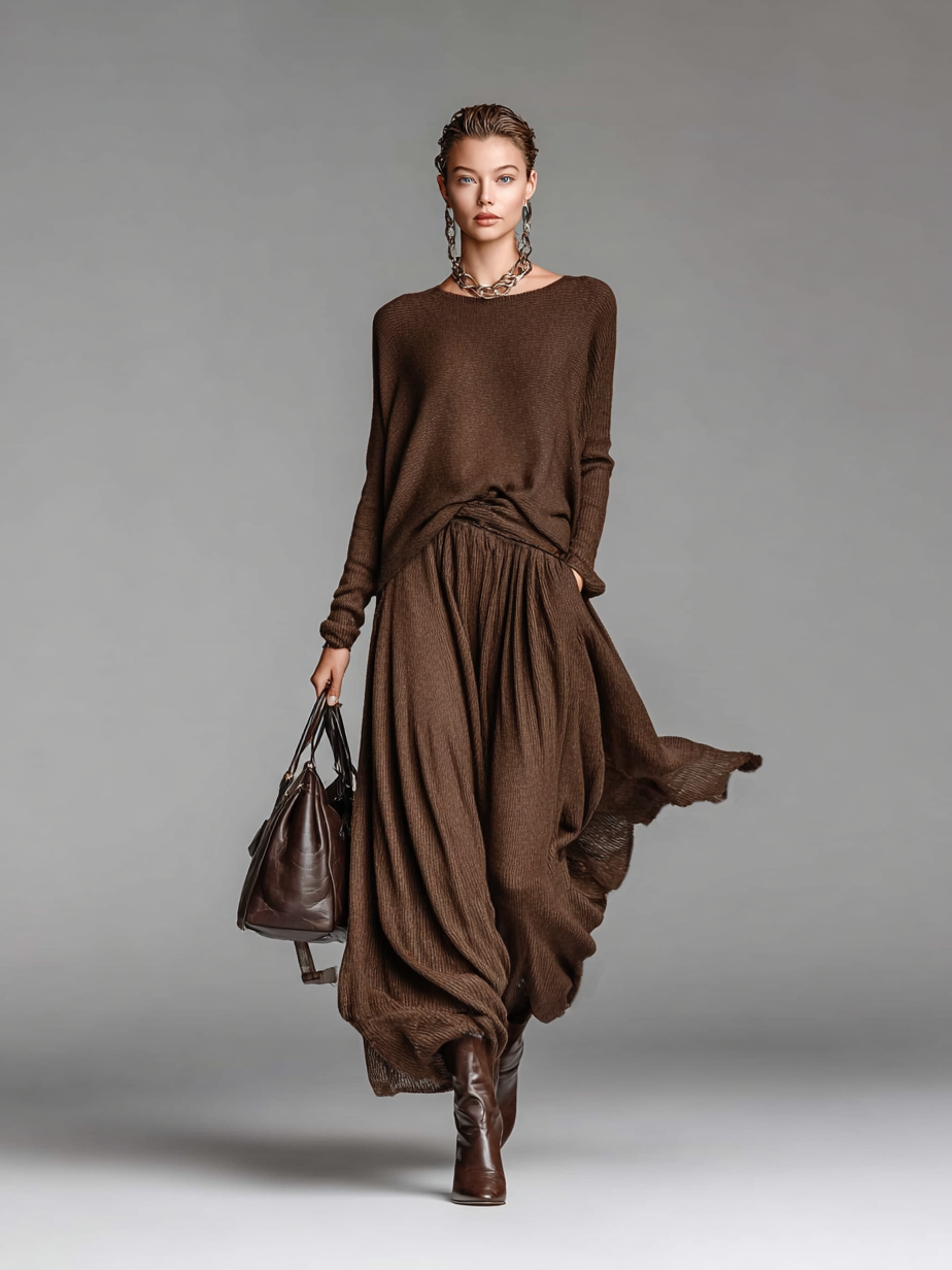 Women's Fashion Crew Neck Knitted Knit Sweater Skirt Set