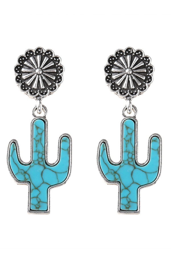 Statement Women's Western Retro Turquoise Cactus Flower Pendant Earrings