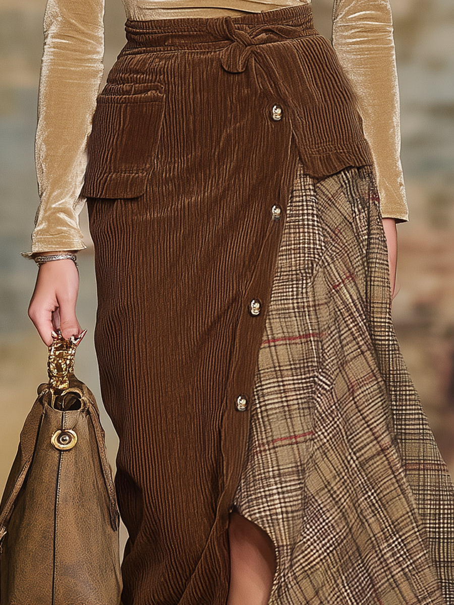 Retro Brown Corduroy Patchwork Plaid Skirt