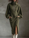 Soft Polar Fleece Lantern Sleeves Front Zipper Side Slit Midi-Length Dress