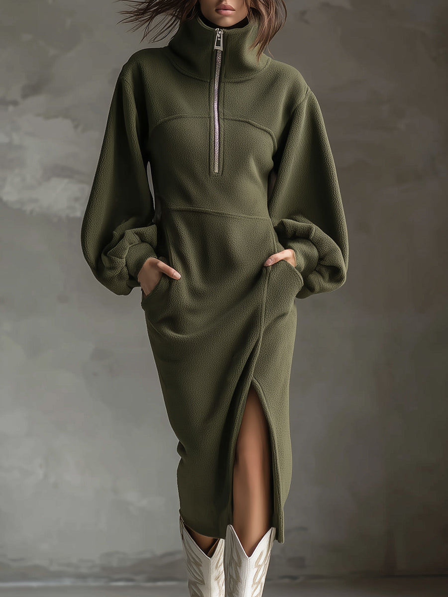 Soft Polar Fleece Lantern Sleeves Front Zipper Side Slit Midi-Length Dress