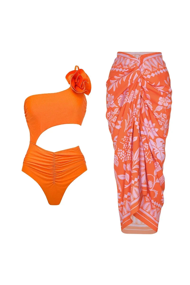 3D Flower Glossy Solid Swimwear Set
