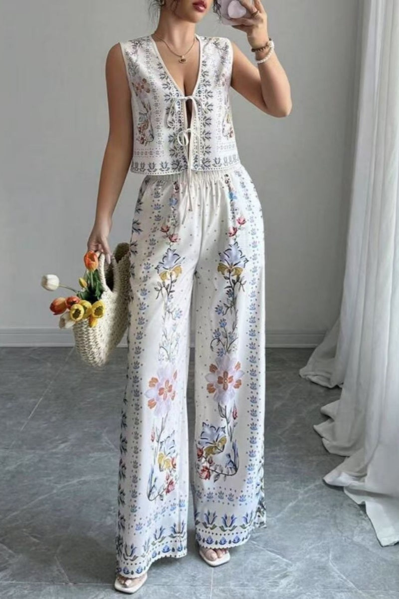Tie-Up Vest & Wide-Leg Trousers Set - Sky Blue Print
