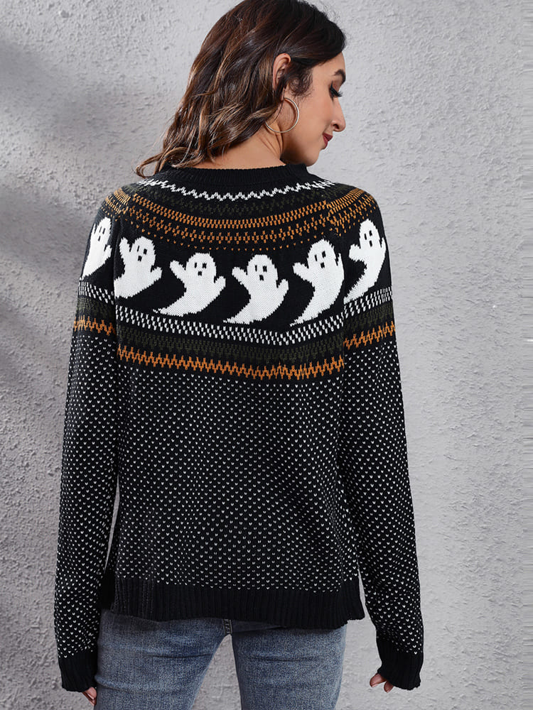 Literary Retro Ghost Pattern Crew Neck Knitted Knit Sweater