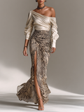 Coordinated Women's Satin Off-shoulder Long-sleeved Top With Zebra Print Hip-wrapped Slit Skirt Two-Piece Set