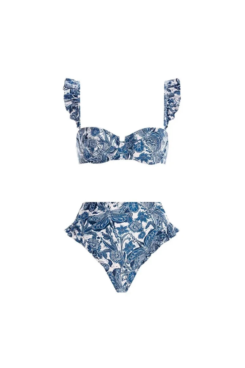Blue Dragonfly Print Ruffled Two-Piece Bikini