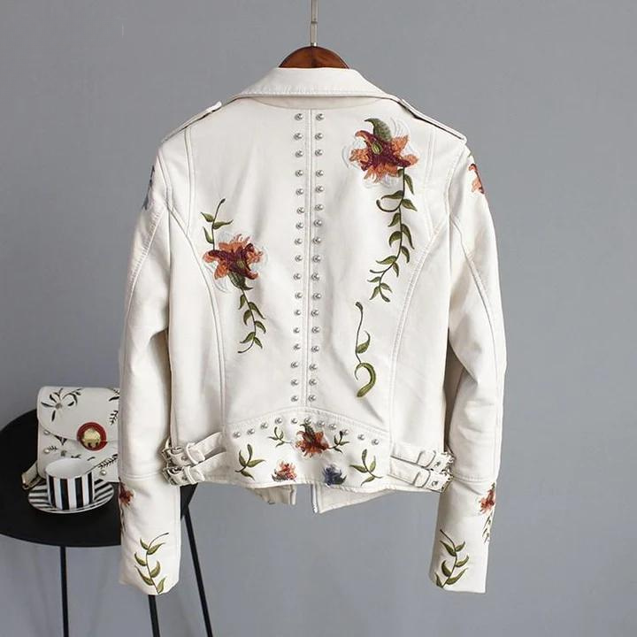 Leather Jacket with Floral Embroidery