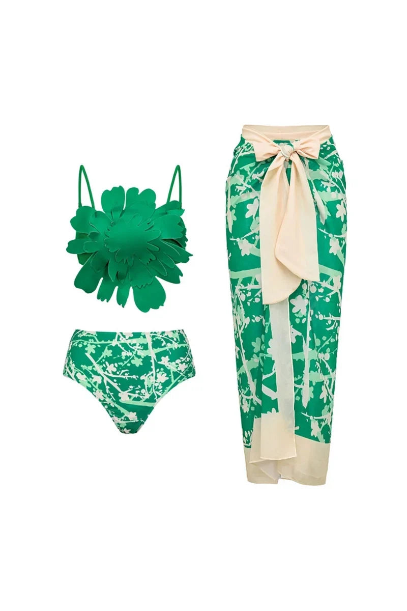 Flower Accent Green Patterned Two-Piece Bikini