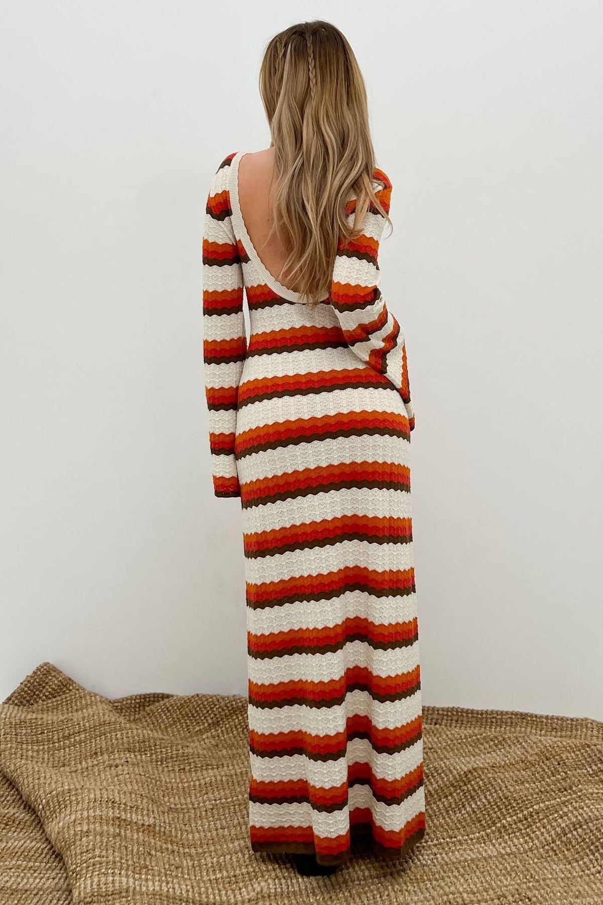 Calista Weaved Zigzag Open-Back Maxi Knit Dress