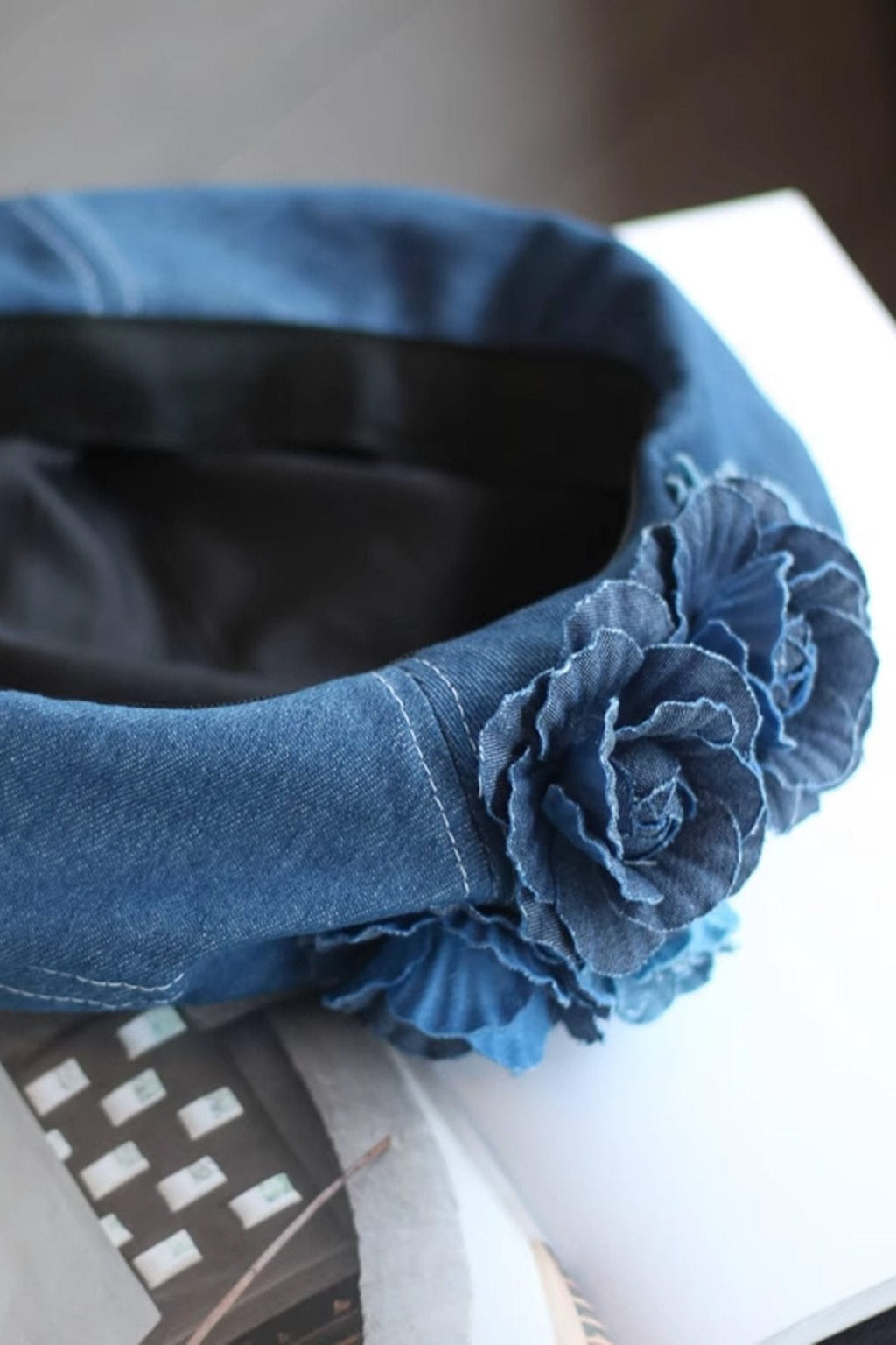 Modern Camellia Denim Beret Hat