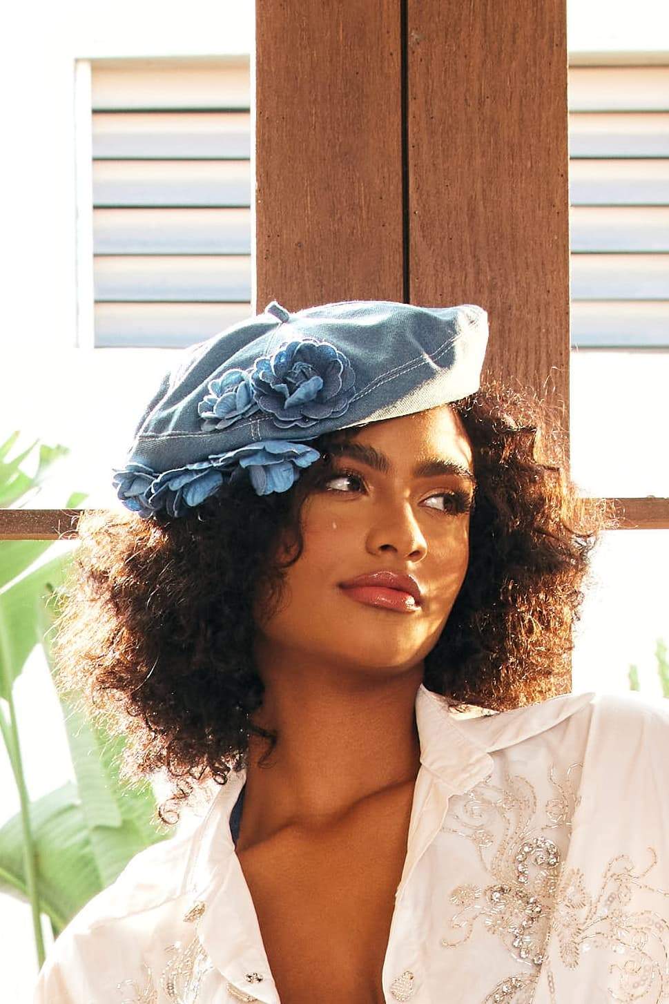 Modern Camellia Denim Beret Hat