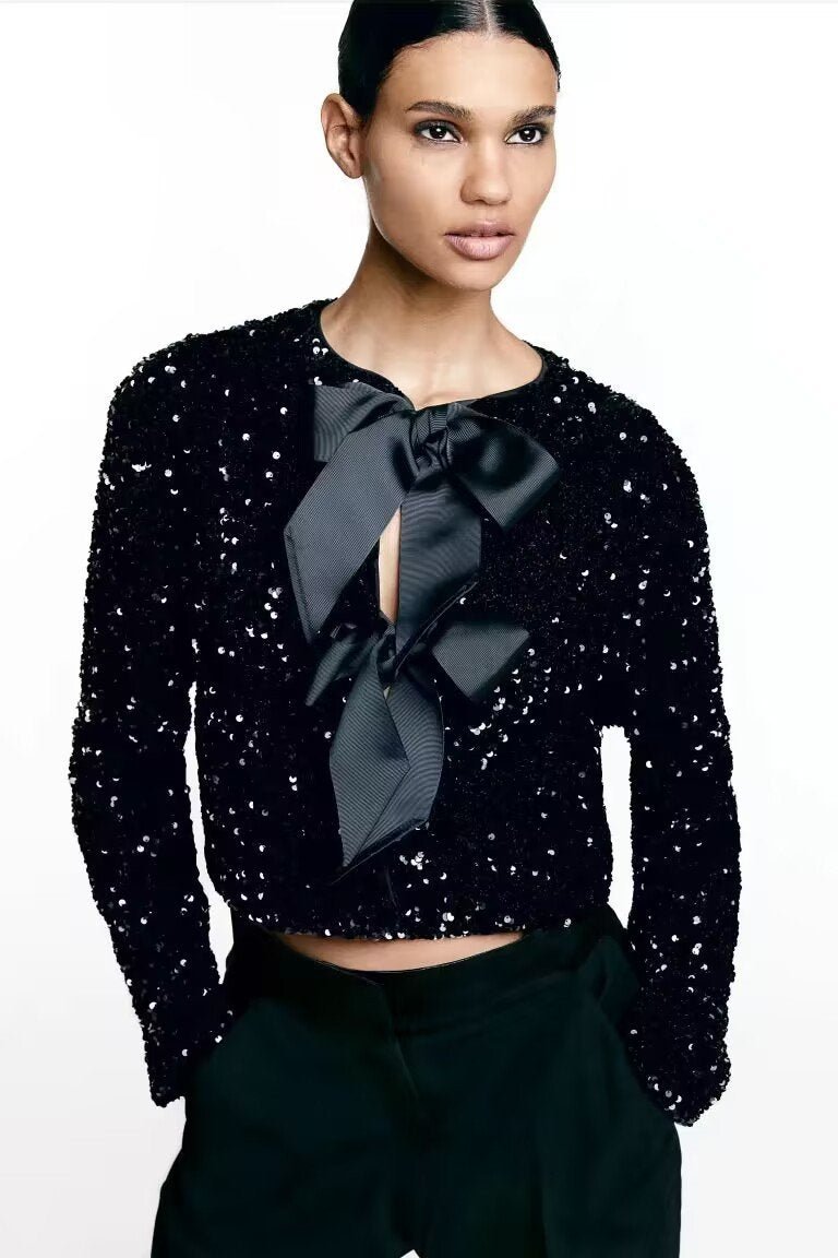 Modern Cara Bow-tie Sequins Coat