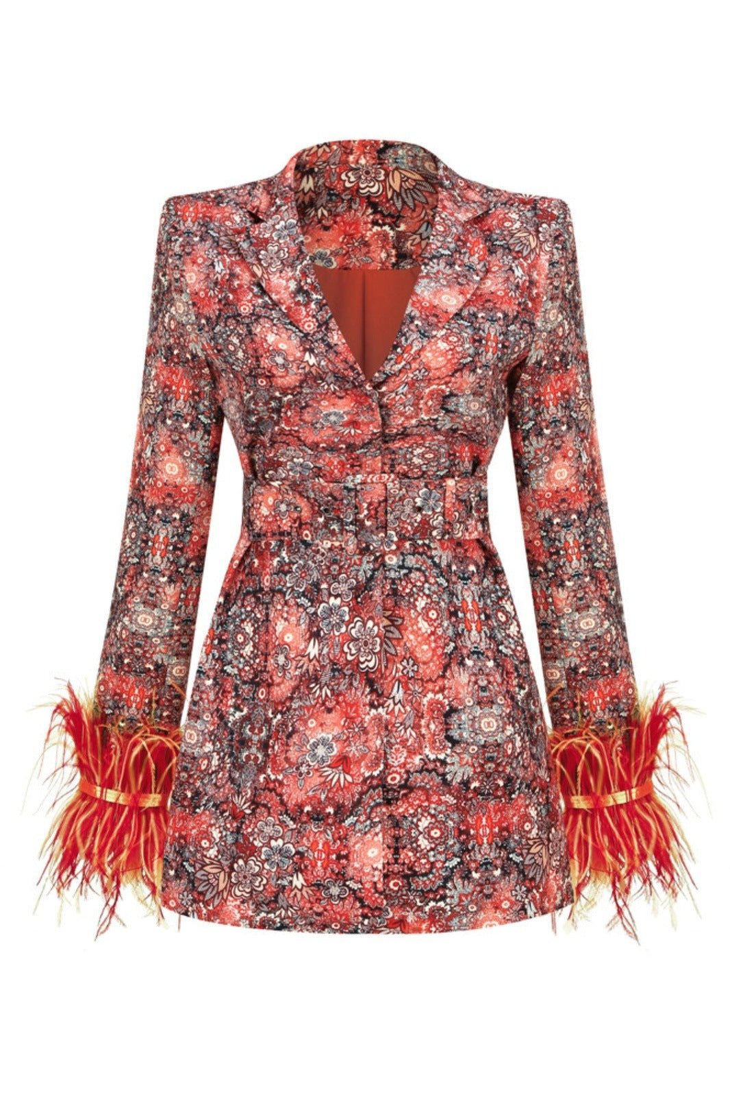 Carlin Patterned Feather Belted Mini Blazer Dress