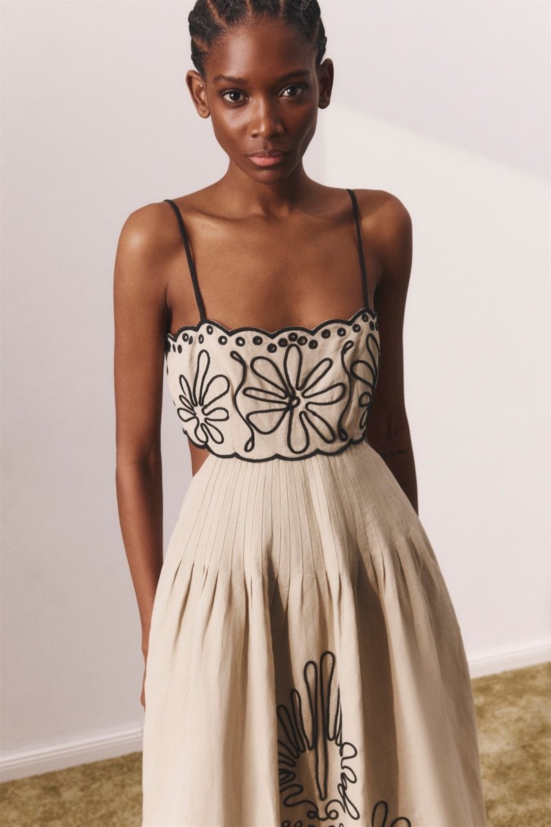 Caroline Abstract Embroidery Cotton Midi-Length Dress
