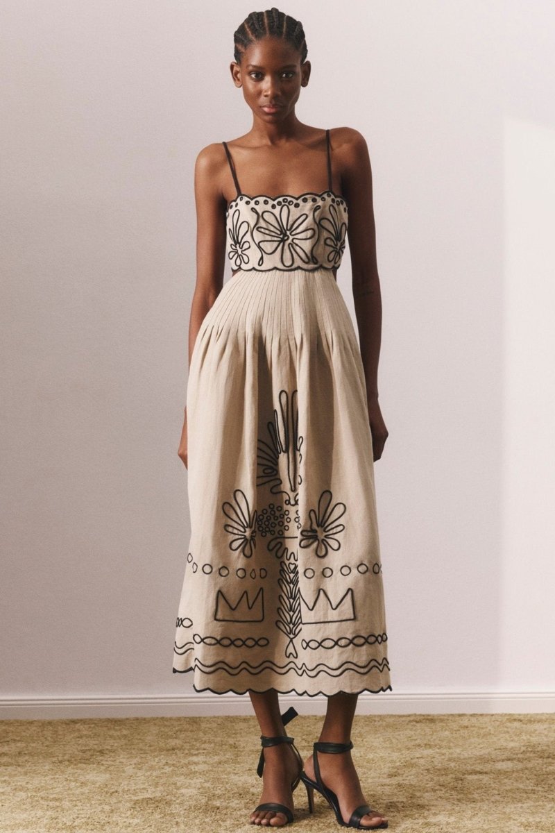 Caroline Abstract Embroidery Cotton Midi-Length Dress