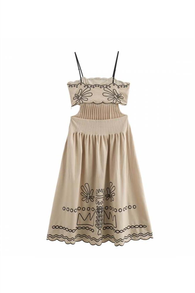 Caroline Abstract Embroidery Cotton Midi-Length Dress