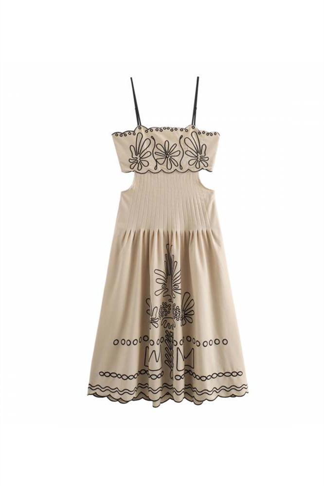 Caroline Abstract Embroidery Cotton Midi-Length Dress