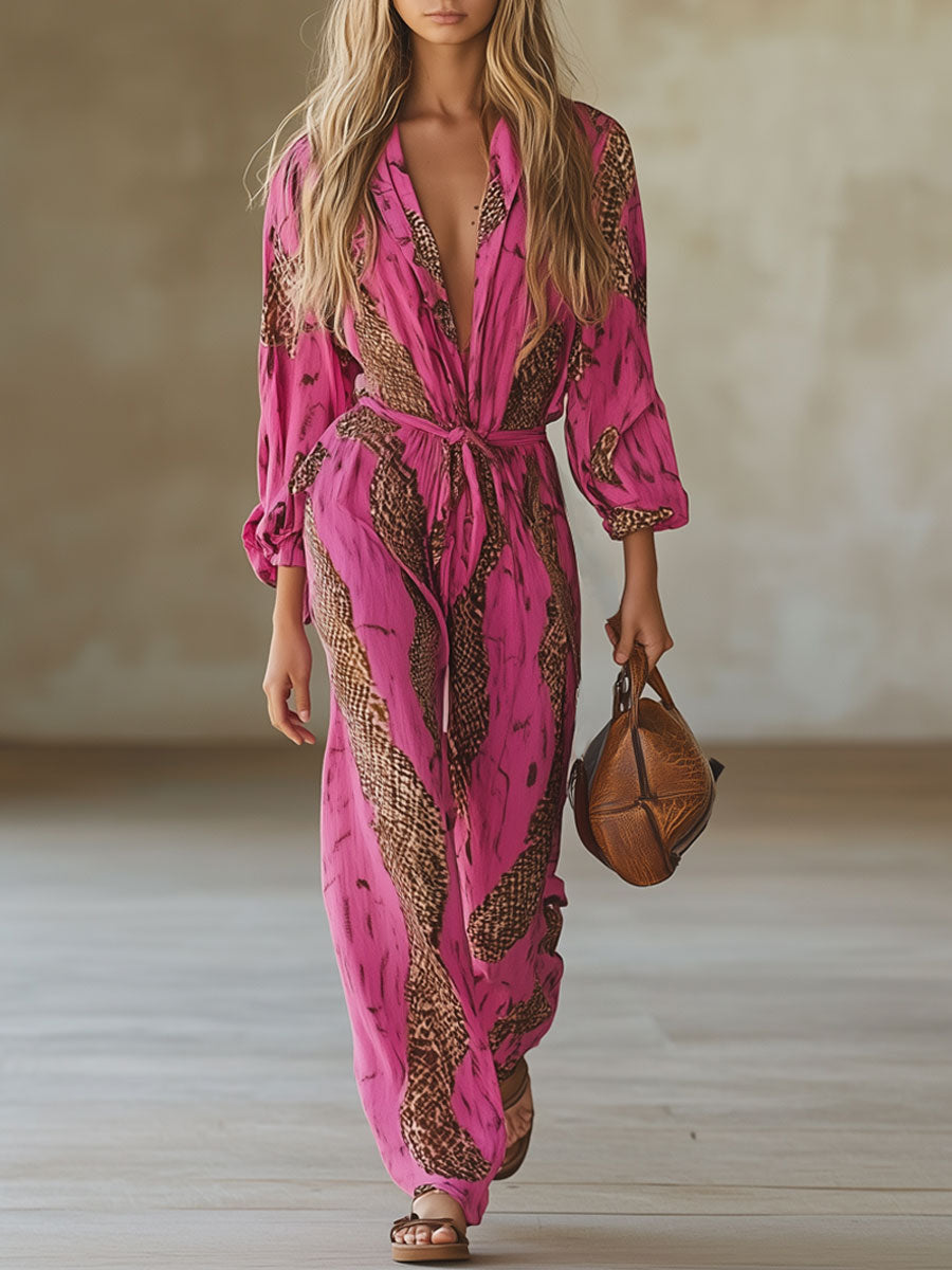 Relaxed Loose Rose Red Chiffon Leopard Print Long-Sleeved Jumpsuit