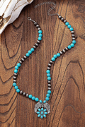 Women's Boho Turquoise Flower Pendant Beaded Necklace