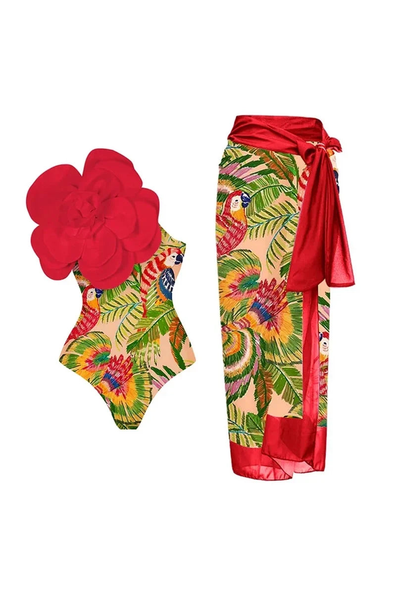 3D Red Flower Embellished One-Piece Swimwear
