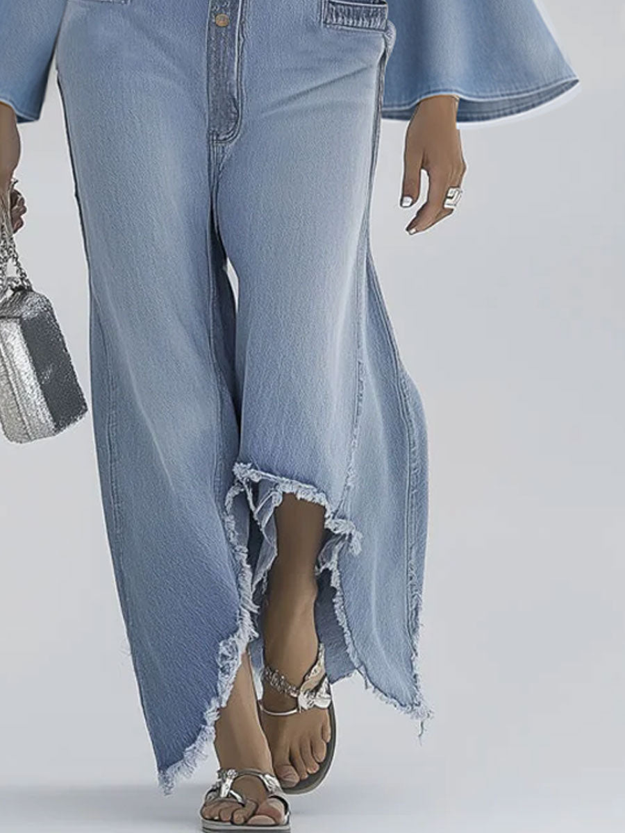 Relaxed Retro Light Blue Denim Flared Long-Sleeved Wide-Leg Raw Edge Jumpsuit