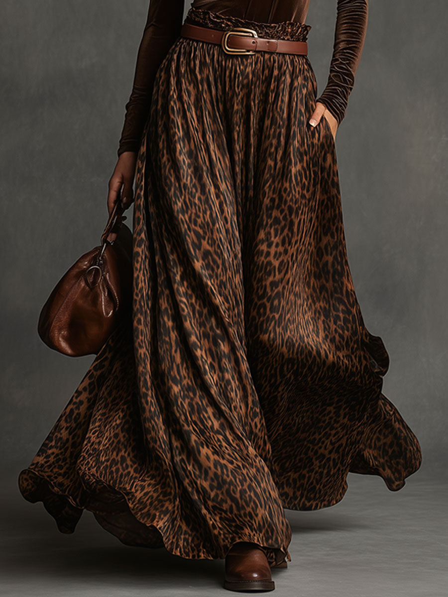 Retro Turtleneck Velvet Top And Leopard Print Skirt Set