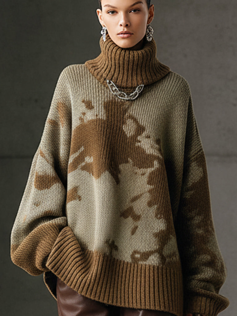Green Camouflage Loose Turtleneck Long Sleeve Knit Sweater
