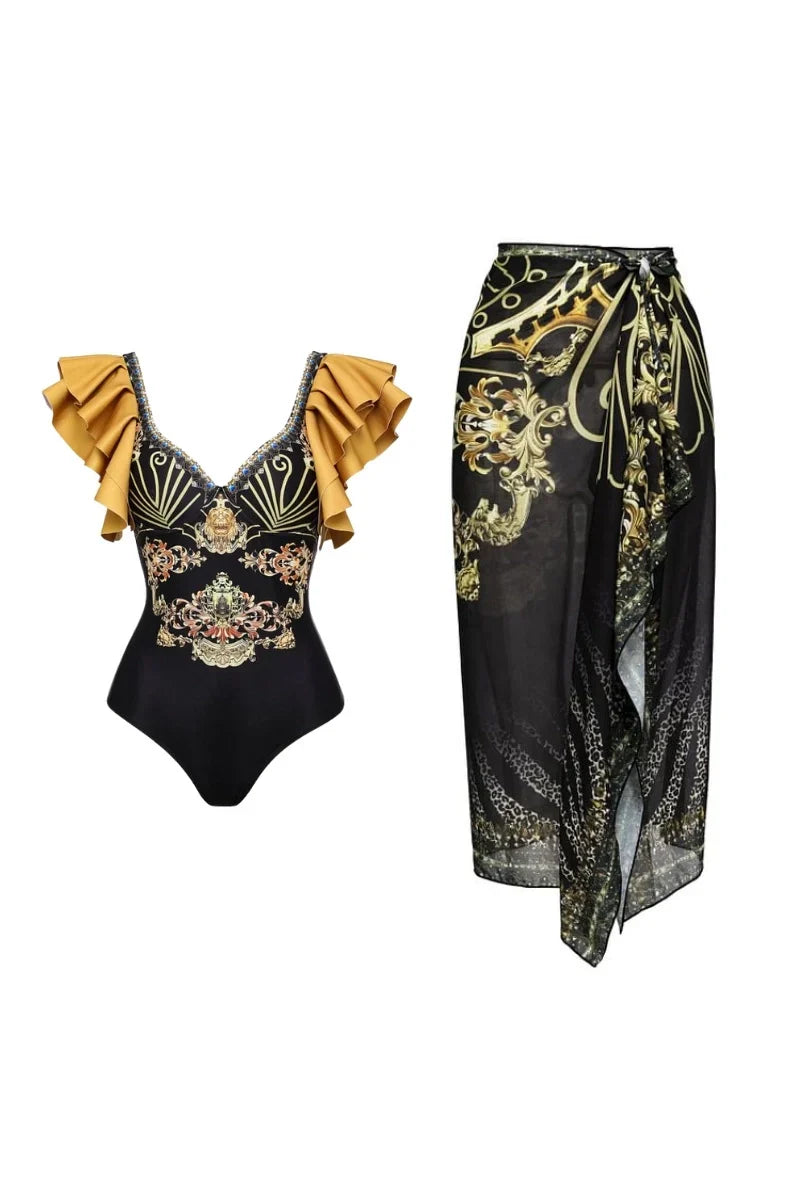 Black Gold Ruffled Swimwear Set