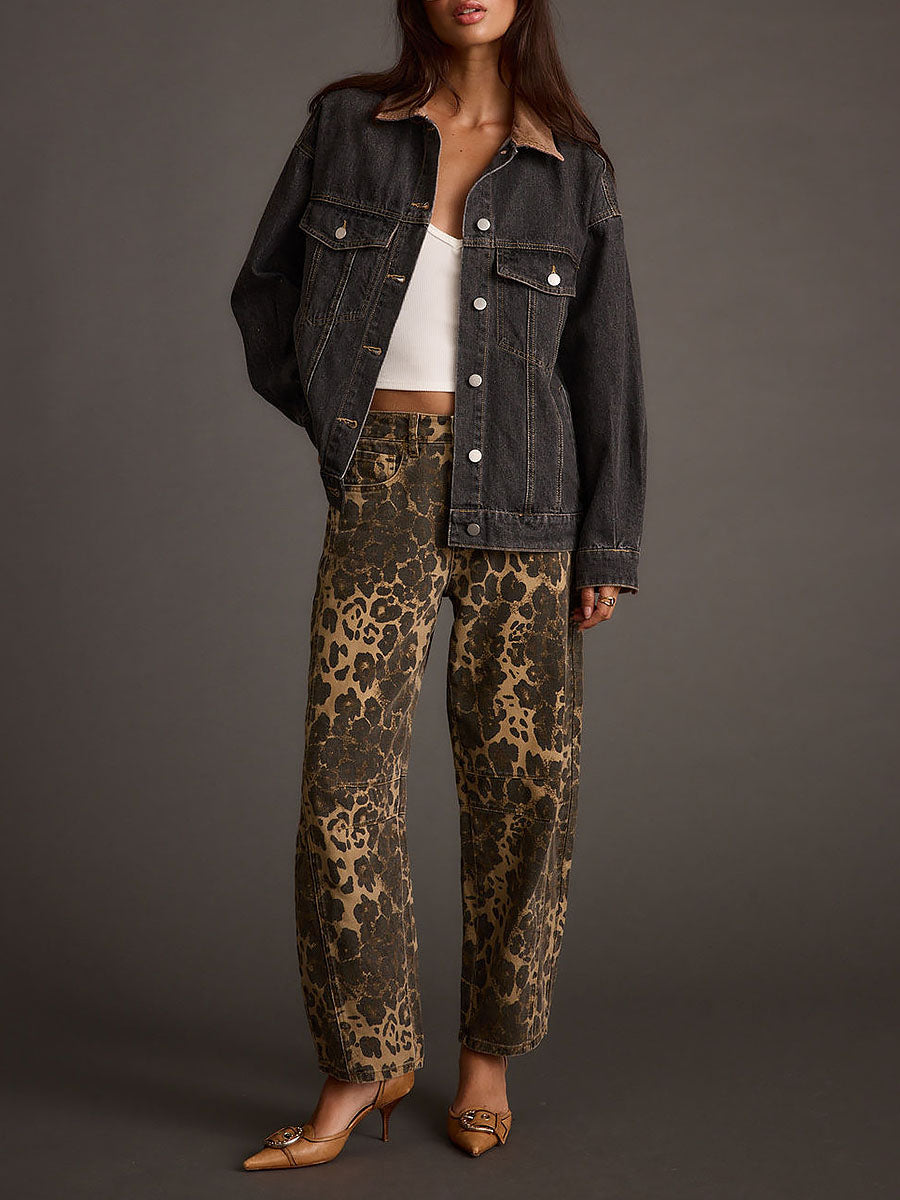 Modern Retro Western Leopard Barrel Jeans