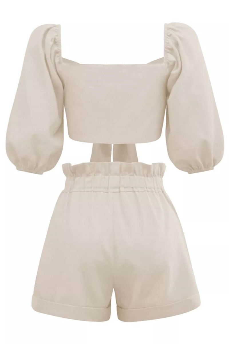Modern Linen Wrap Front Tie Puff Sleeve Shorts Sets In Khaki