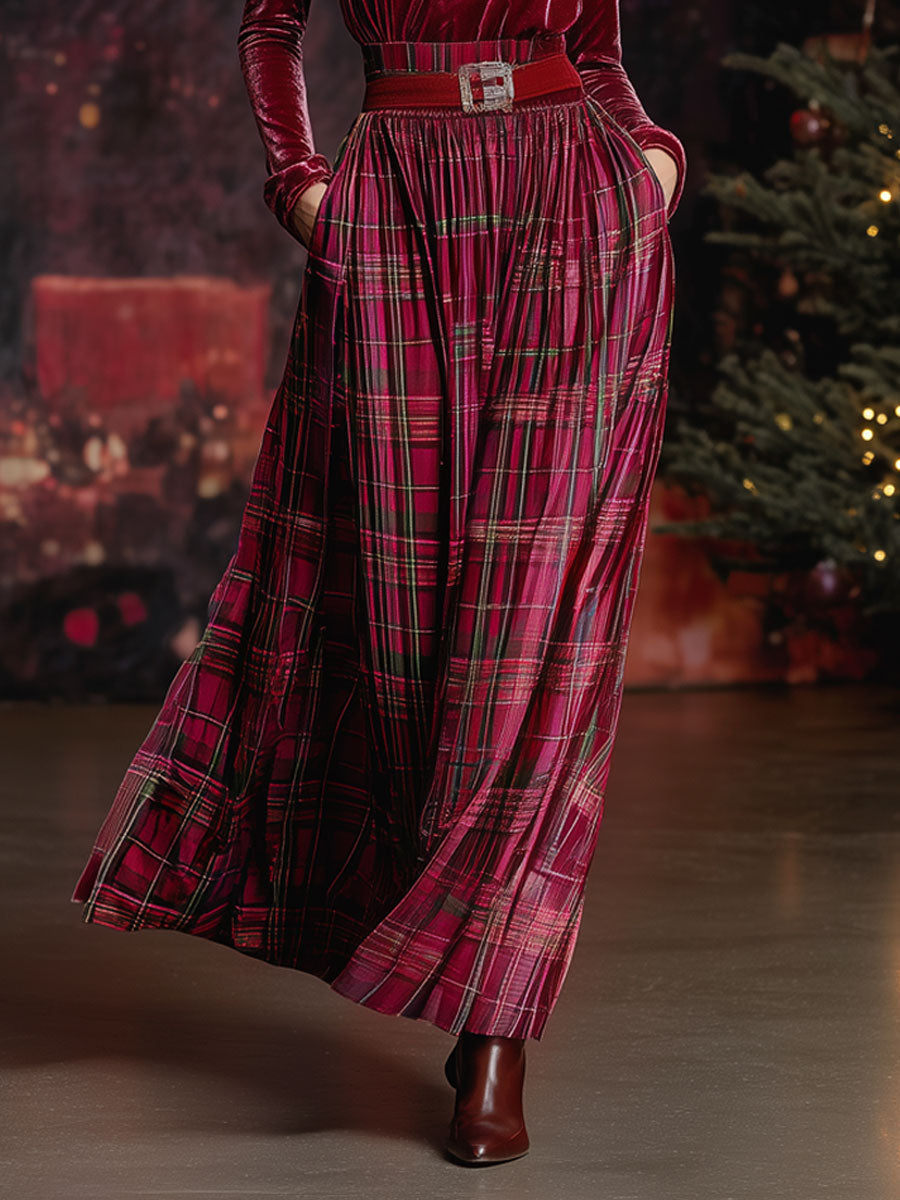Coordinated Festive Retro Red Velvet Turtleneck Plaid Skirt Set