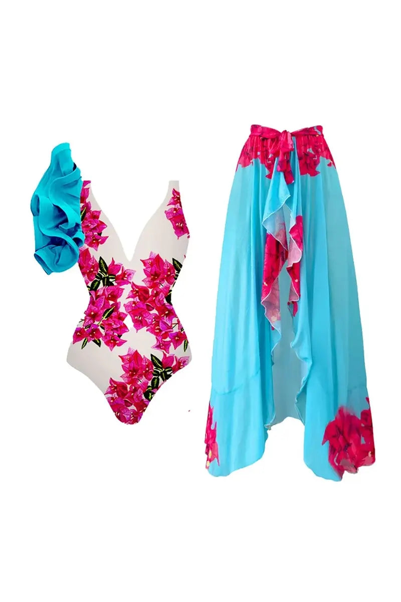 Flower Ruffled One Piece Swimwear Set